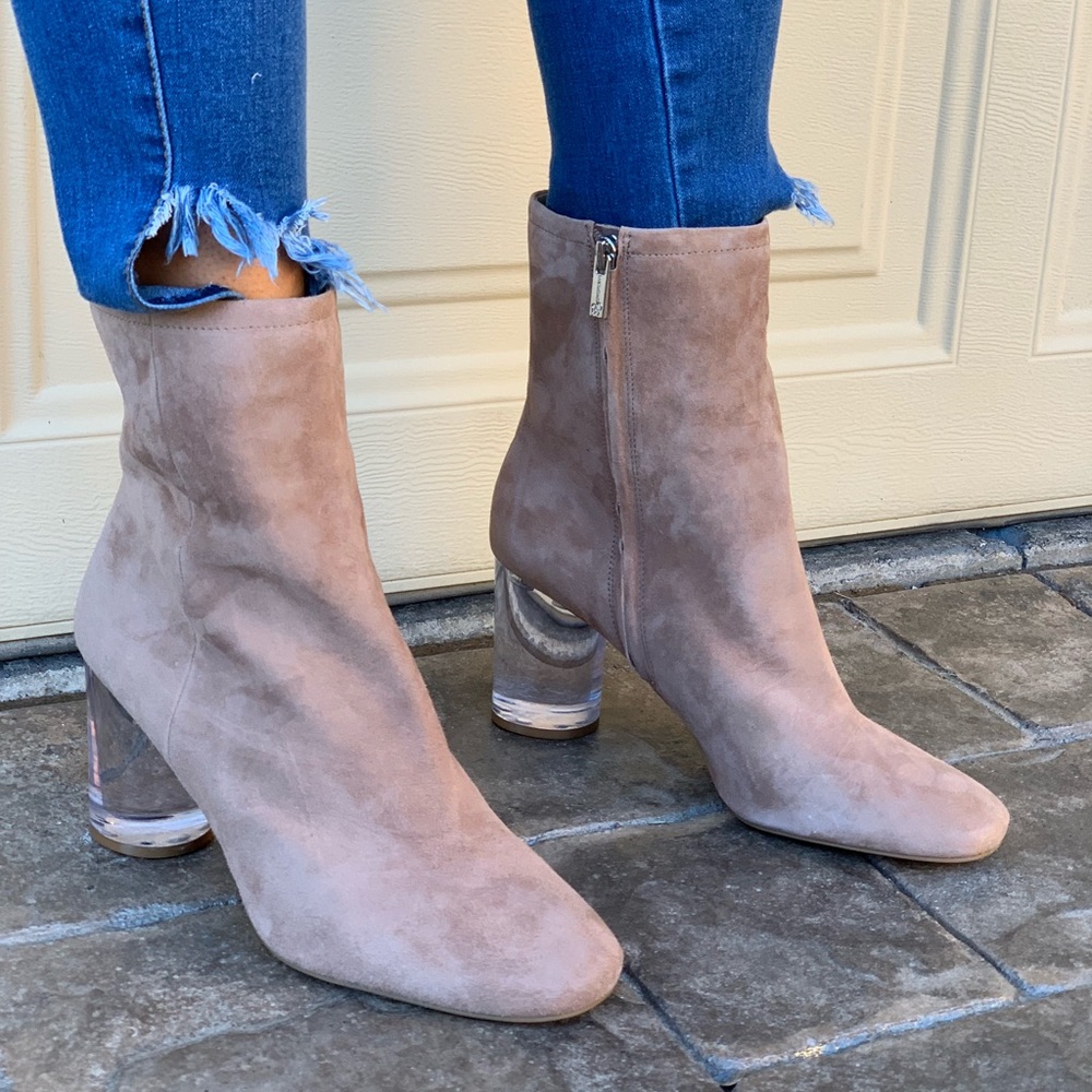 Fawn Vinyl Lucite Block Heel Tall Ankle Booties - Picture 3 of 7